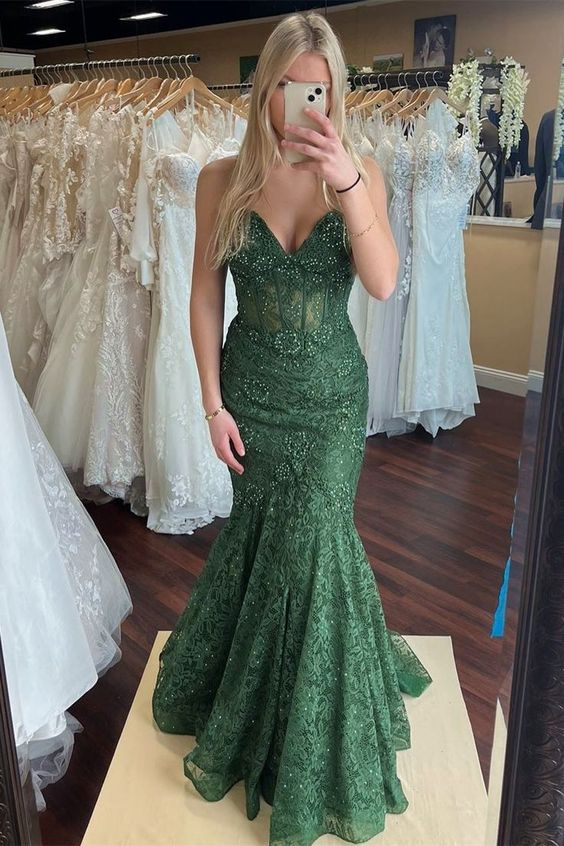Green Lace Beaded Mermaid Long Prom Dress Sweetheart Evening Dress nv1280