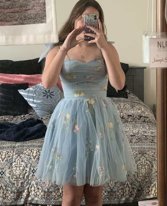 Tulle Flower Embroidery Short Homecoming Dresses nv1257