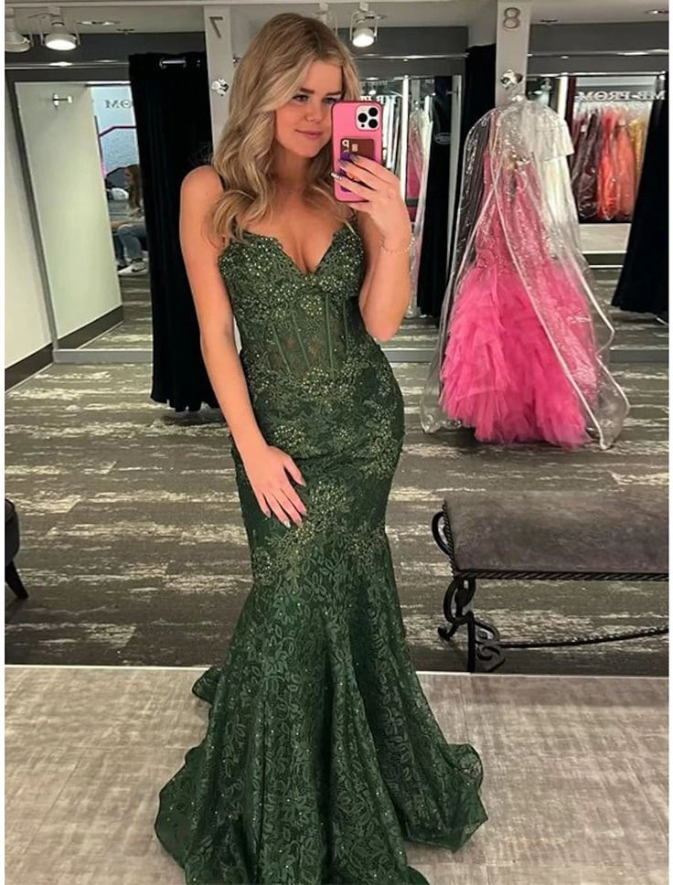 Spaghetti Strap Green Mermaid Evening Gown Formal Sweep Train Prom Dress nv1279