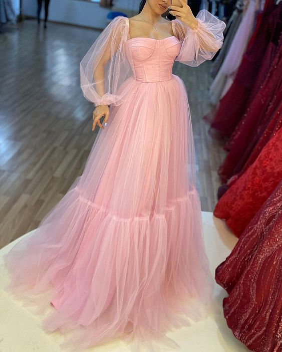 Pink tulle a line prom dress long sleeves formal dress nv1206