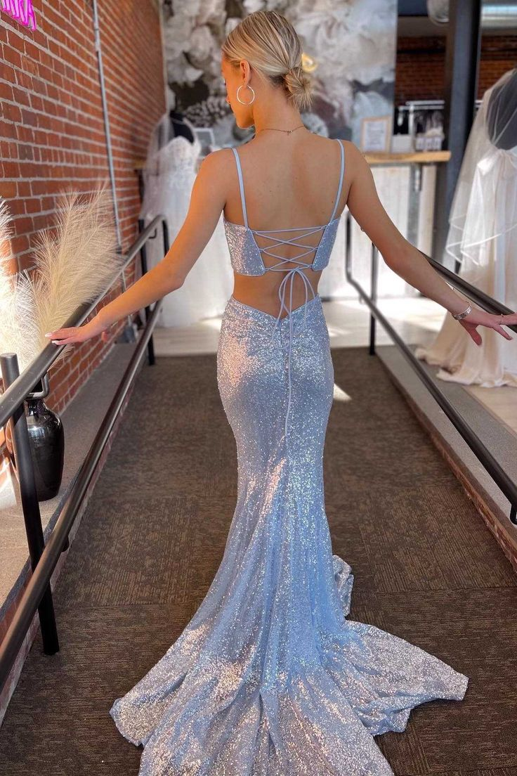 Light Blue Sequin Twist-Front Lace-Up Mermaid Long Prom Gown nv1370
