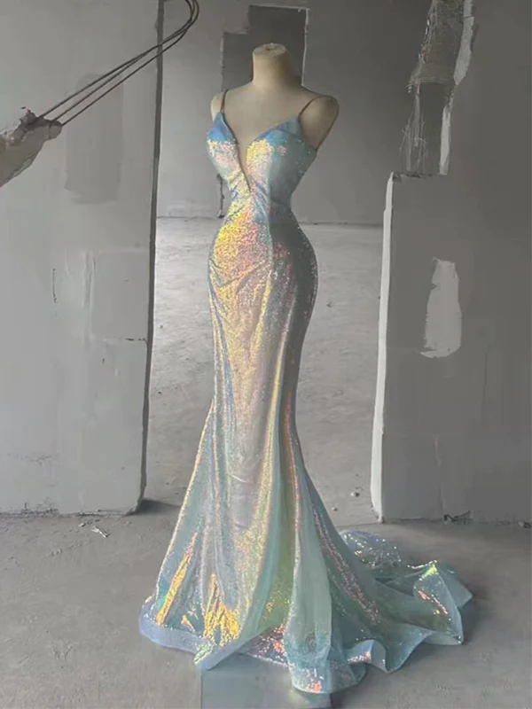 Colorful shiny elegant V-neck spaghetti straps long mermaid floor length train ball gown evening dress nv1199