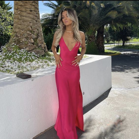 Sexy A line V neckline Sleeveless Party Dress Hot Pink Prom Dress nv1342