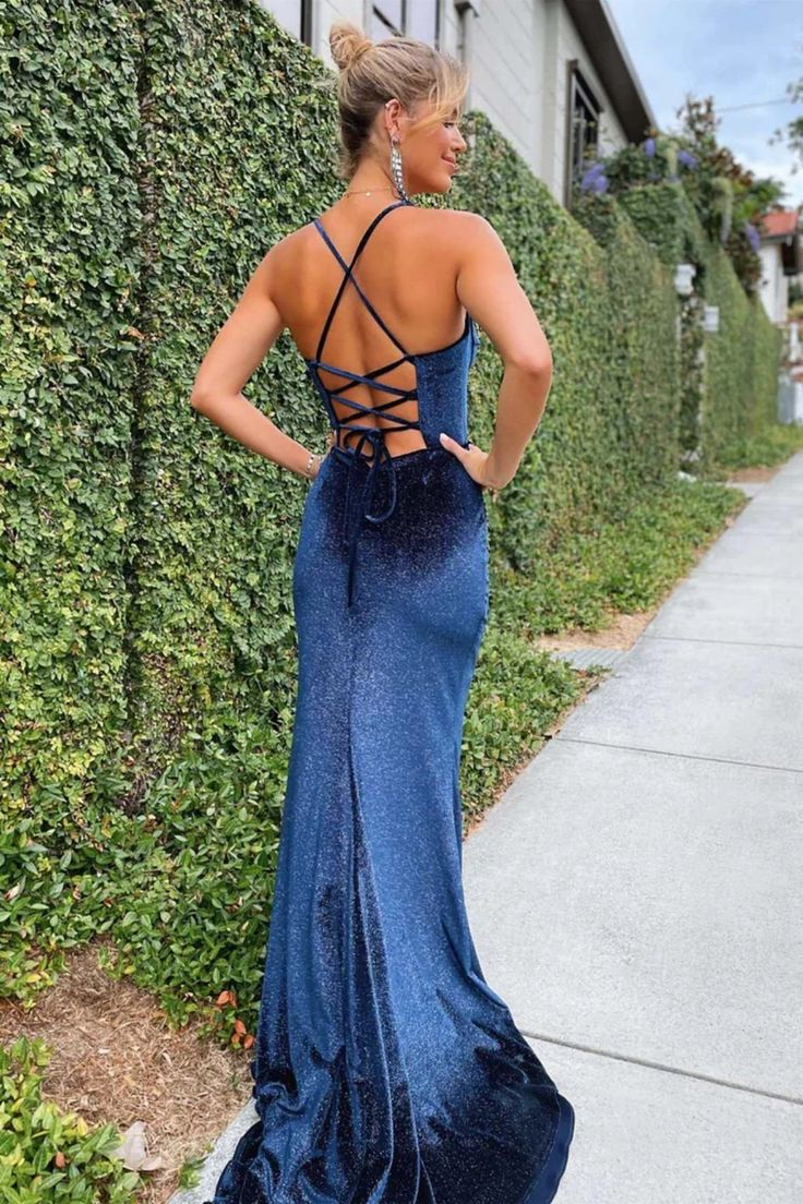 Backless Mermaid Navy Blue Velvet Long Prom Dress with High Slit nv1314