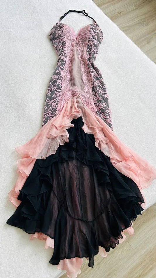 Pink fashion elegant backless halter exquisite lace A-line long prom dress evening gown party dress nv3884