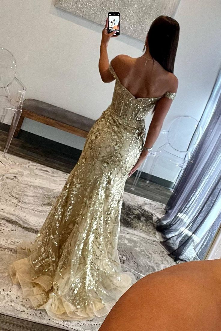 Off the Shoulder Gold Sequin Corset Mermaid Prom Dress with Slit nv1262