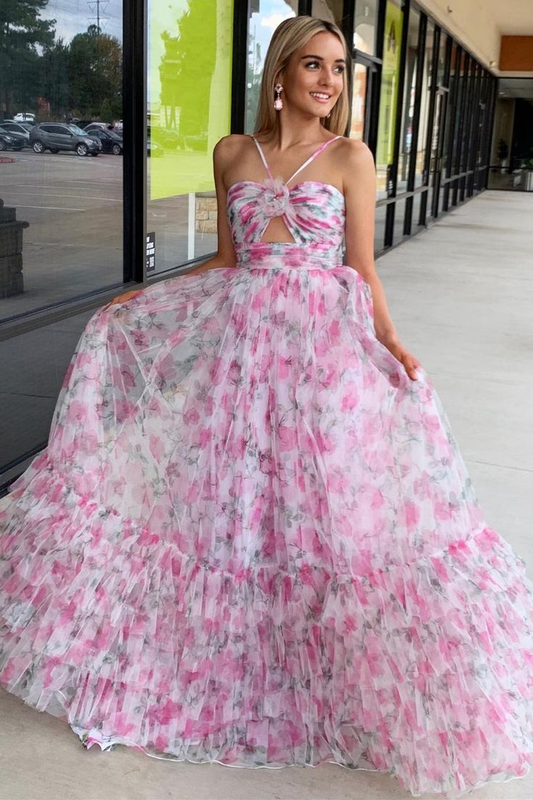 Pink Floral Print A-Line Halter Keyhole Long Prom Dresses nv1345