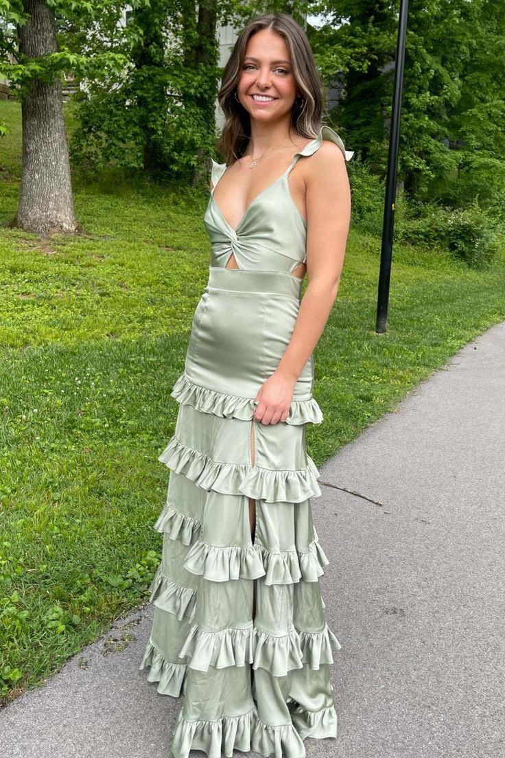Simple Sheath V Neck Sage Green Silk Satin Long Prom Evening Dresses with Slit nv1350