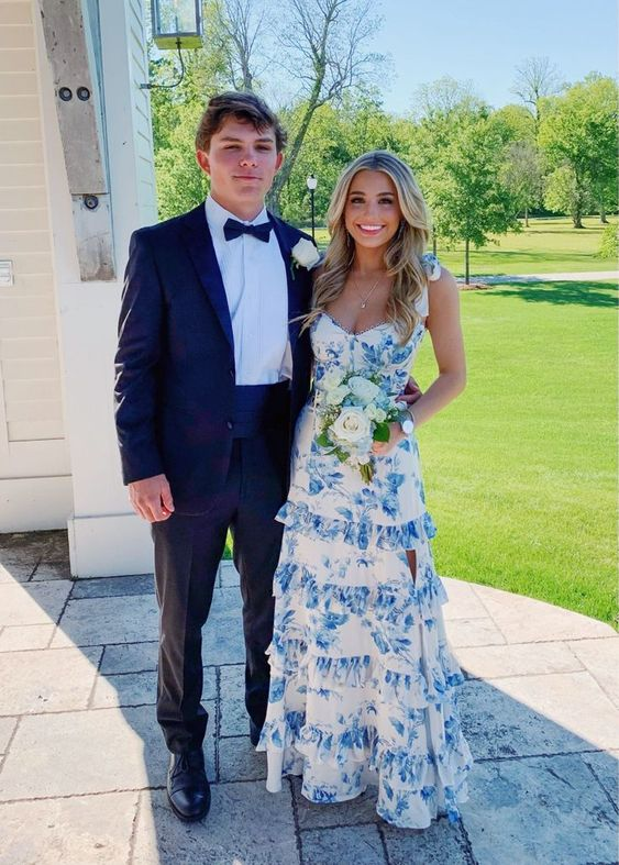 Blue Print Sexy Prom Dress, Long Evening Dress Prom Dresses nv1344