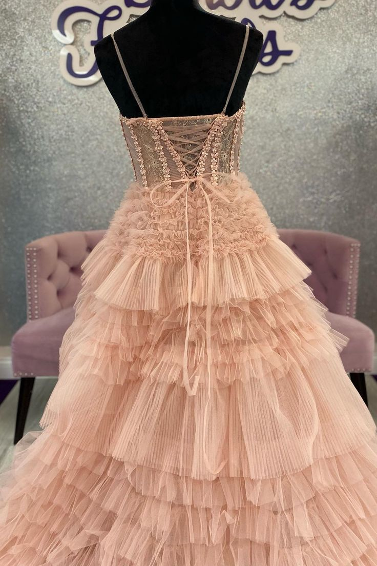 Blushing Pink Tulle Ruffle Layers Lace-Up Back A-Line Prom Dress nv1203