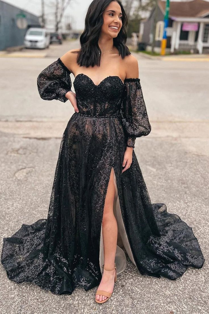 Cute A Line Sweetheart Black Sequins Long Prom Dresses nv1080