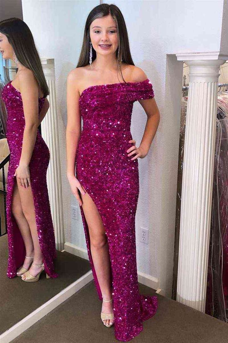 Pleated One Shoulder Fuchsia Long Party Dress with Slit nv1079