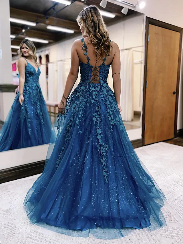 Ball Gown Sparkle A-Line Prom Dresses Formal V Neck Glitter Appliques Dress nv1065