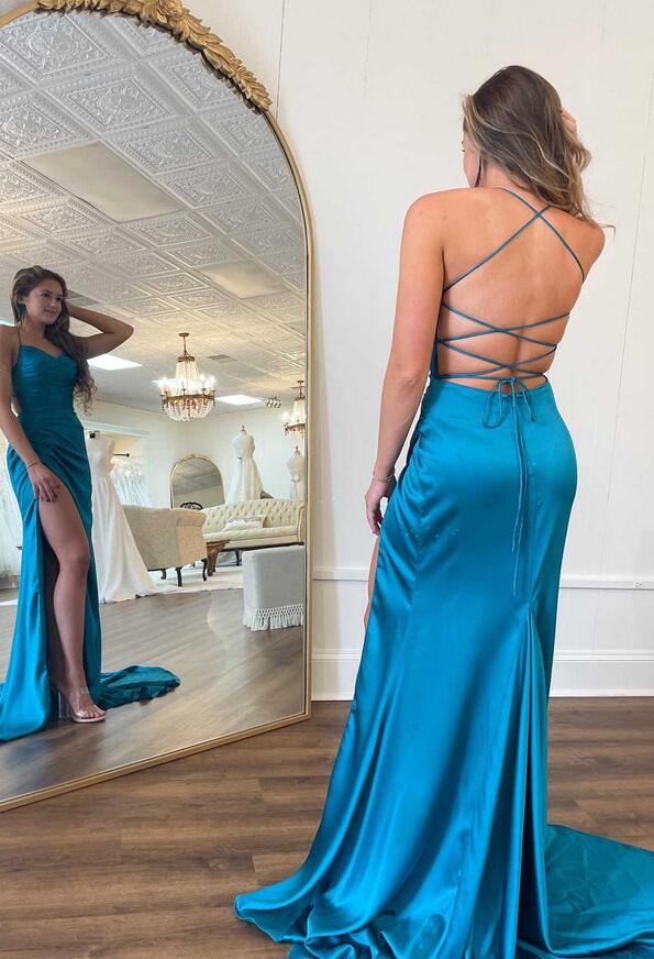 Blue Satin Ruffled Long Ball Gown with Slit Straps nv1707