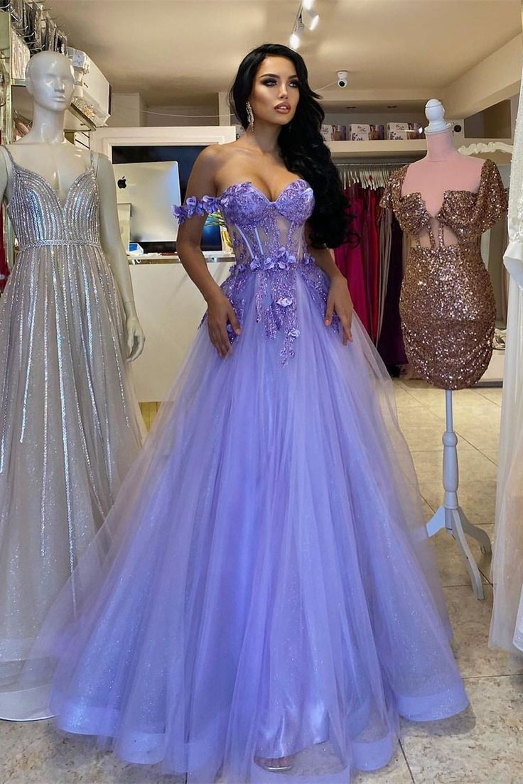 Elegant Long Purple A-line Off-the-shoulder Sleeveless Prom Dress With Lace nv1316