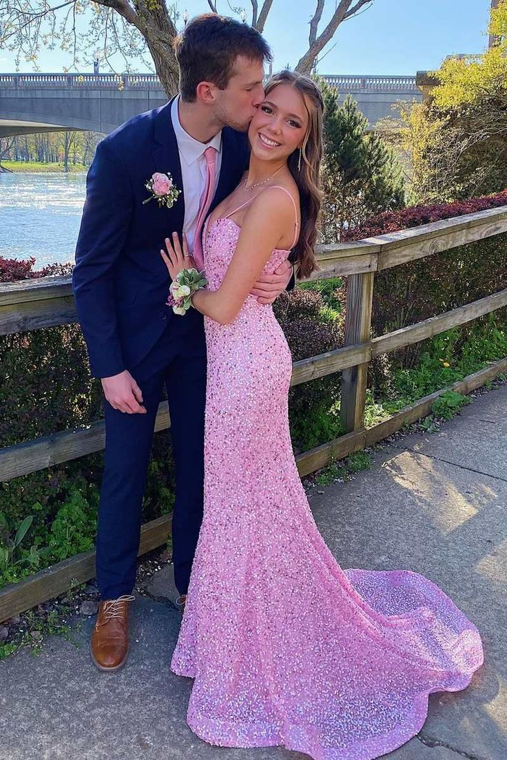 Pink Sequin Plunge V Mermaid Long Prom Dress nv1358
