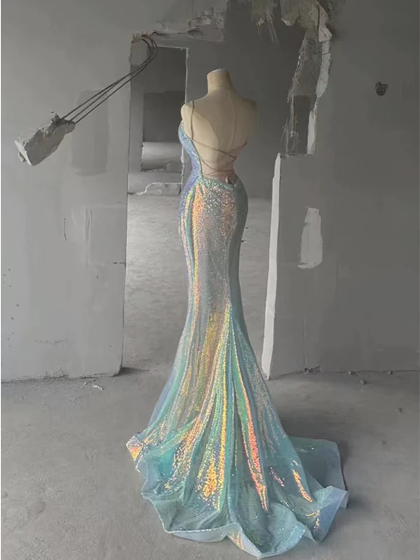 Colorful shiny elegant V-neck spaghetti straps long mermaid floor length train ball gown evening dress nv1199
