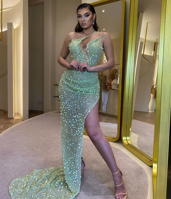 Green one shoulder sequins evening dress long prom dress 1405