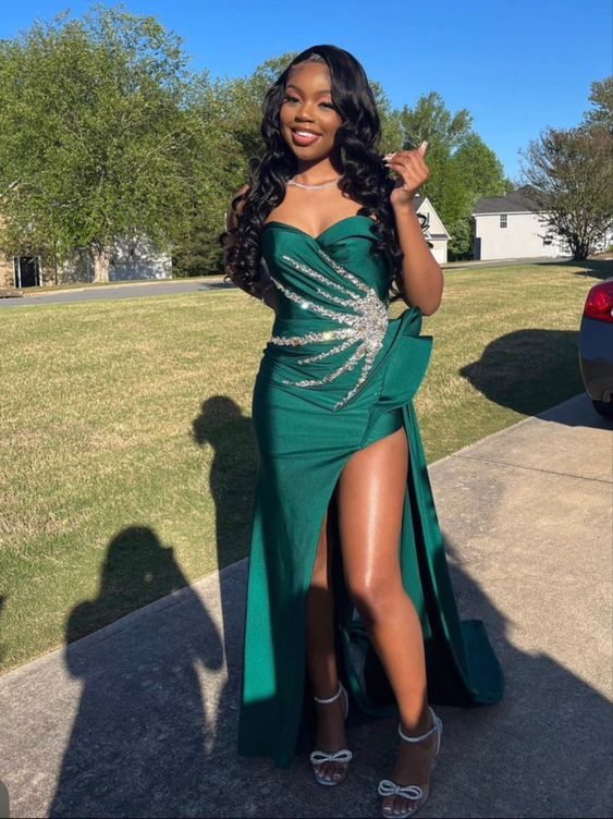 Green Satin Sweetheart Neck Beaded Mermaid Slit Prom Dress Evening Dress nv1411