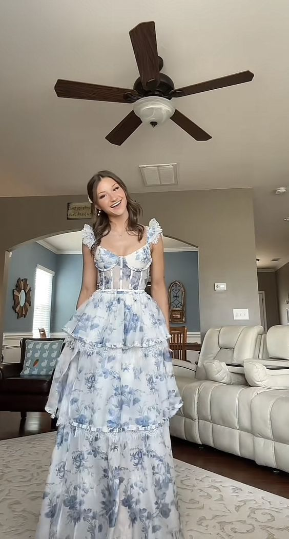 Elegant Ball Gown Straps Floral Blue Long Prom Dress nv1399