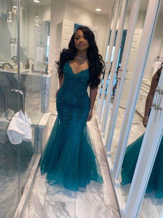 Green elegant exquisite applique beading long tulle ball gown evening dress party dress nv1404