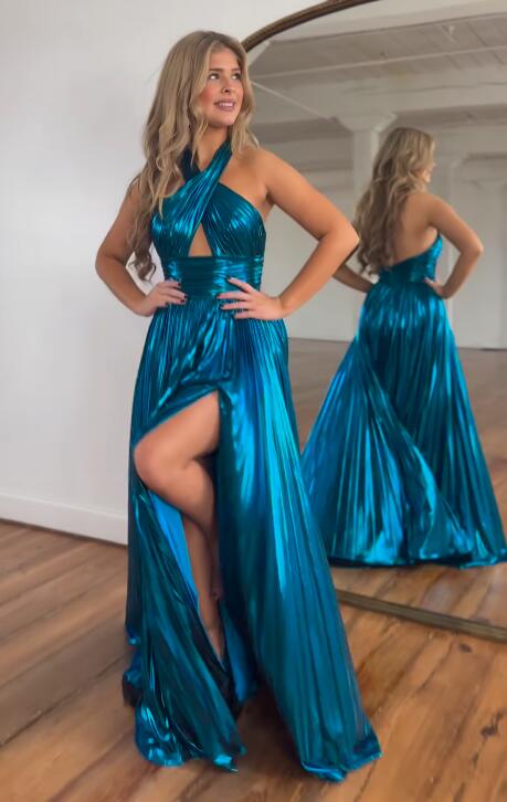 Peacock Blue Halter Neck A-Line Long Prom Dress With Split nv1638