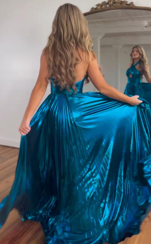Peacock Blue Halter Neck A-Line Long Prom Dress With Split nv1638