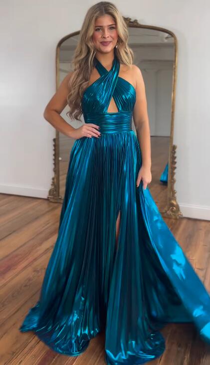 Peacock Blue Halter Neck A-Line Long Prom Dress With Split nv1638