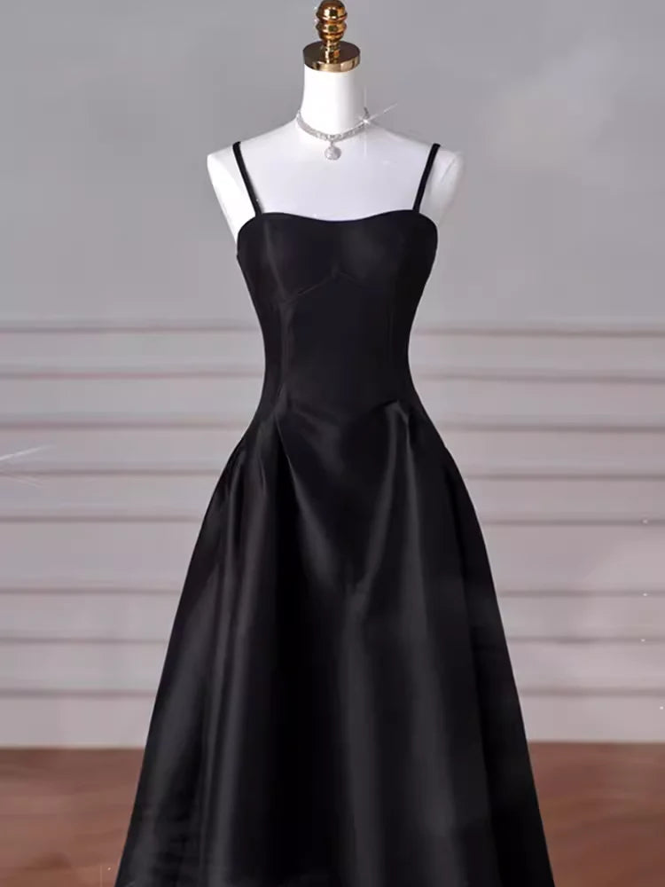A-Line Sweetheart Neck Satin Black Long Prom Dress, Black Long Formal Dress nv1469