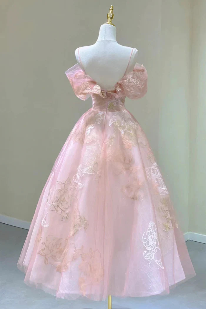 Süßes rosa süßes Tüllspitze langes A-Linien-Ballkleid Abendkleid Bankett-Outfit nv2991