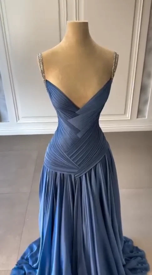 NiceVestidos-_ Evening Gown Blue Satin Floor-Length Evening Gown NV5951