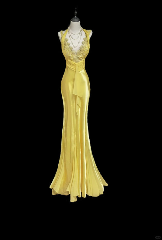 Yellow Fashion Elegant Exquisite Lace V-neck Backless Lace-up Long Floor-length Satin Ball Gown Evening Gown Party Dress nv3944