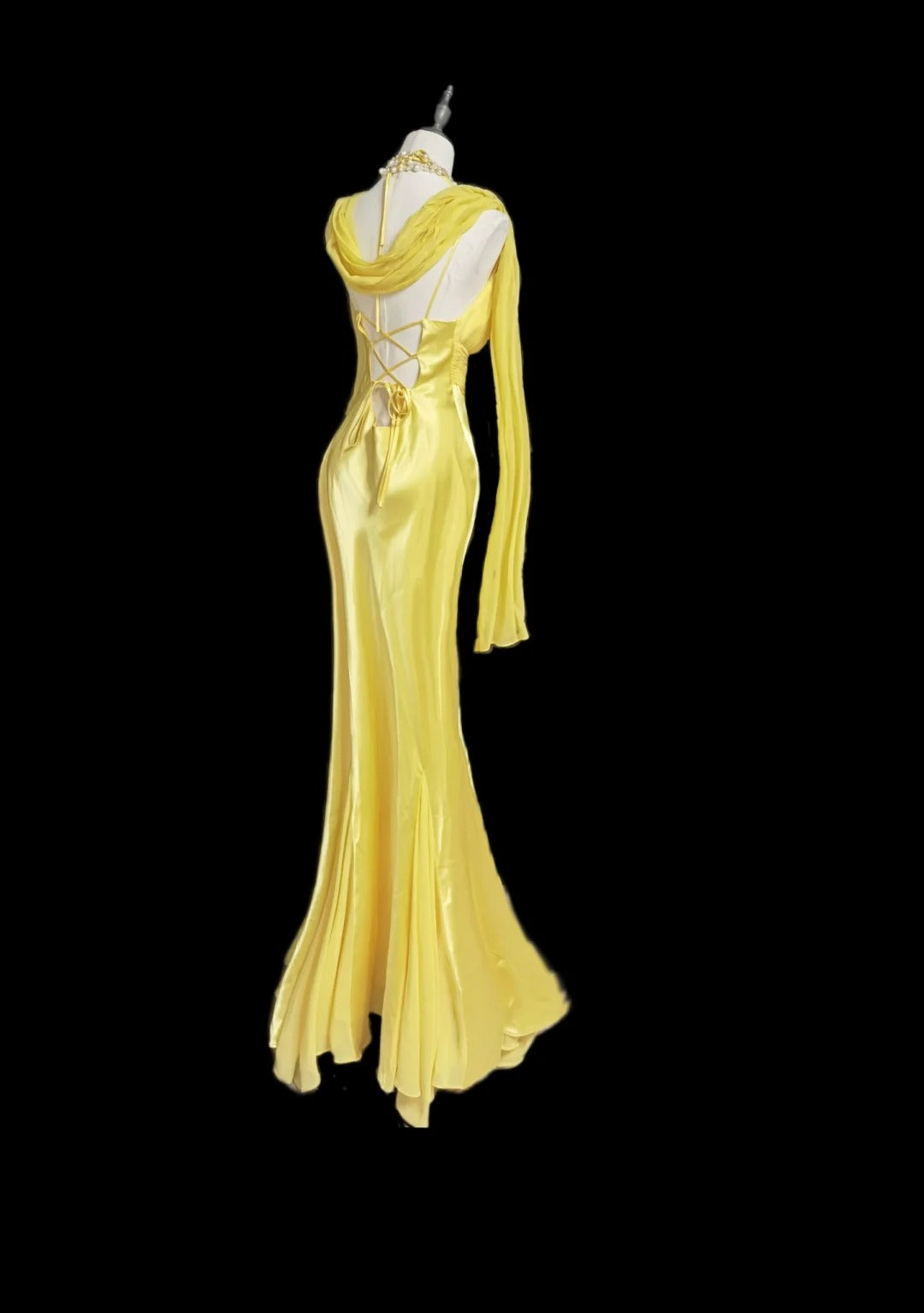 Yellow Fashion Elegant Exquisite Lace V-neck Backless Lace-up Long Floor-length Satin Ball Gown Evening Gown Party Dress nv3944