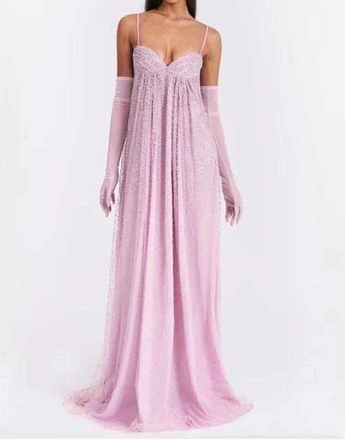 Pink gorgeous shiny spaghetti strap off-shoulder long chiffon prom dress evening dress nv5213