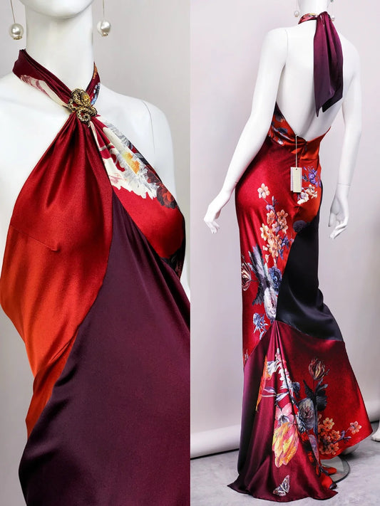 Red Charming Floral Long Satin Prom Dress Evening Dress Party Dress nv5137