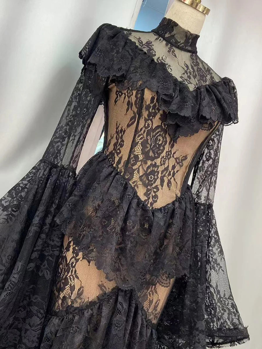 Gothic Dark Style Vintage Luxury Fairy Style High-Neck Bell-Sleeve Gown | Black/White Lace Sheer Multi-Layer Ruffled Maxi Dress for Wedding Retro Theme Party Luxury Dinner NV6284