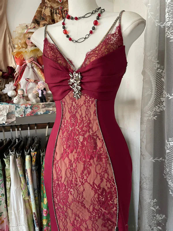 Red Retro Fashion Sexy Spaghetti Straps Exquisite Lace Mermaid Slim Prom Dress Long Party Dress Prom Dress Evening Gown nv3853