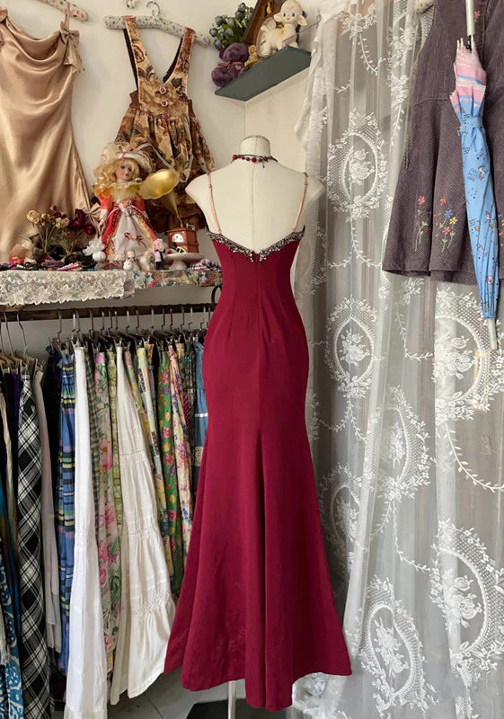 Red Retro Fashion Sexy Spaghetti Straps Exquisite Lace Mermaid Slim Prom Dress Long Party Dress Prom Dress Evening Gown nv3853