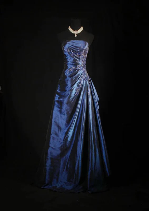 Navy Blue Gorgeous Shiny Vintage Fashion Off Shoulder Exquisite Beading Long Satin Elegant Ball Gown Party Dress Prom Dress nv3852