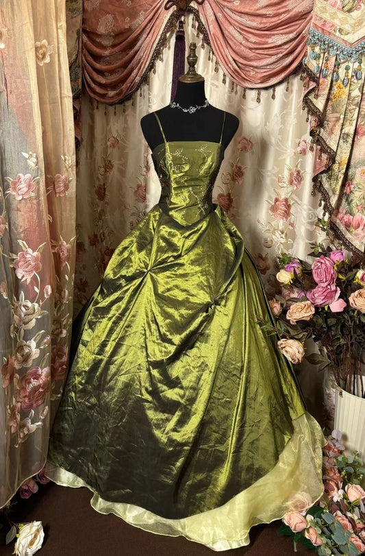 Olive Green Vintage Fashion Spaghetti Strap Satin Long Tulle Party Dress Ball Gown Evening Dress nv3822