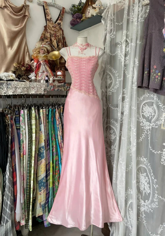 NiceVestidos-Long Pink Retro Fashion Mermaid Strap Floor Length Lace Satin Evening Gown Ball Gown Nv5641