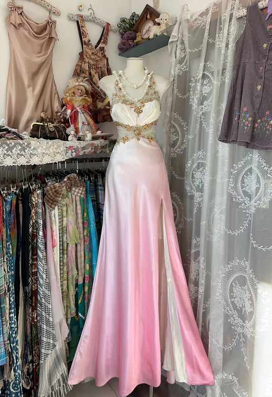 Pink Gradient Retro Fashion Elegant Exquisite Gem Beaded Mermaid Slim Strap Sleeveless Long satin Evening Dress Ball Gown Party Dress Prom Dress nv3810