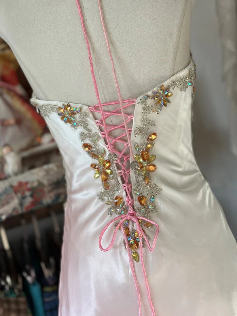 Pink Gradient Retro Fashion Elegant Exquisite Gem Beaded Mermaid Slim Strap Sleeveless Long satin Evening Dress Ball Gown Party Dress Prom Dress nv3810