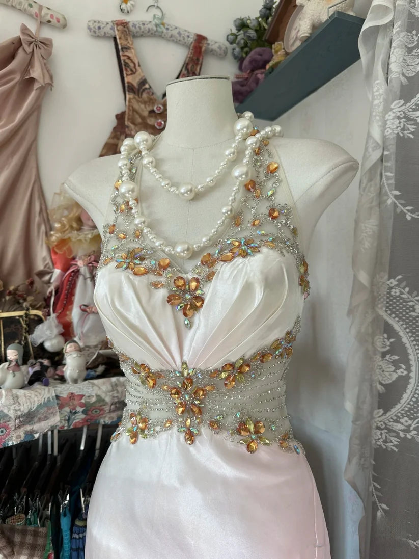 Pink Gradient Retro Fashion Elegant Exquisite Gem Beaded Mermaid Slim Strap Sleeveless Long satin Evening Dress Ball Gown Party Dress Prom Dress nv3810