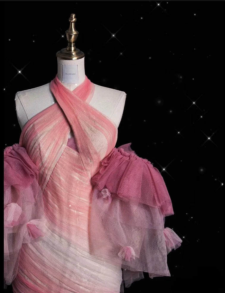 Pink Gorgeous Retro Fashion Elegant Floral Mermaid Suspender Long Mermaid Tulle Floor Length Evening Dress Prom Dress nv3829