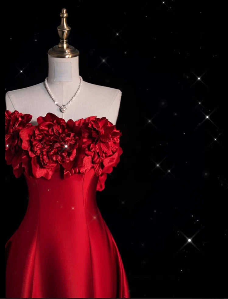 Pretty A line Strapless Satin Long Red Prom Dress Evening Dress Formal Dress nv4234