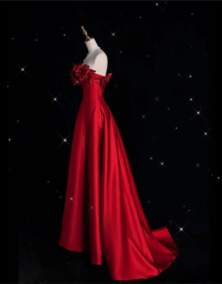 Pretty A line Strapless Satin Long Red Prom Dress Evening Dress Formal Dress nv4234