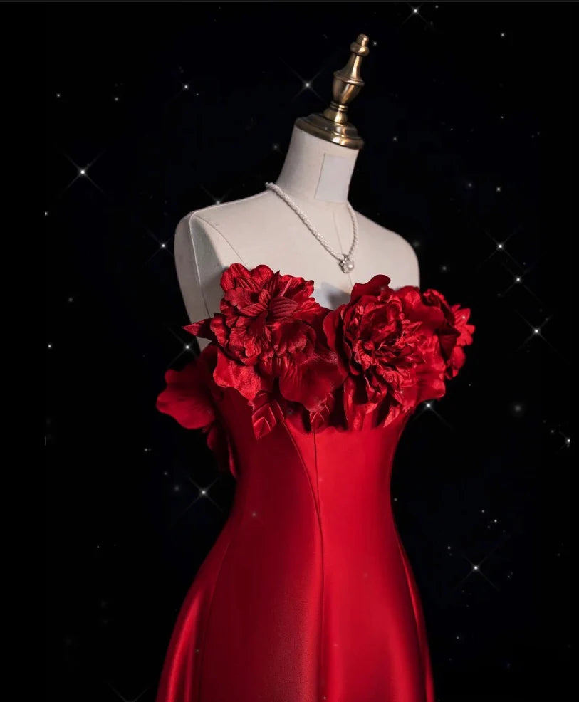 Pretty A line Strapless Satin Long Red Prom Dress Evening Dress Formal Dress nv4234