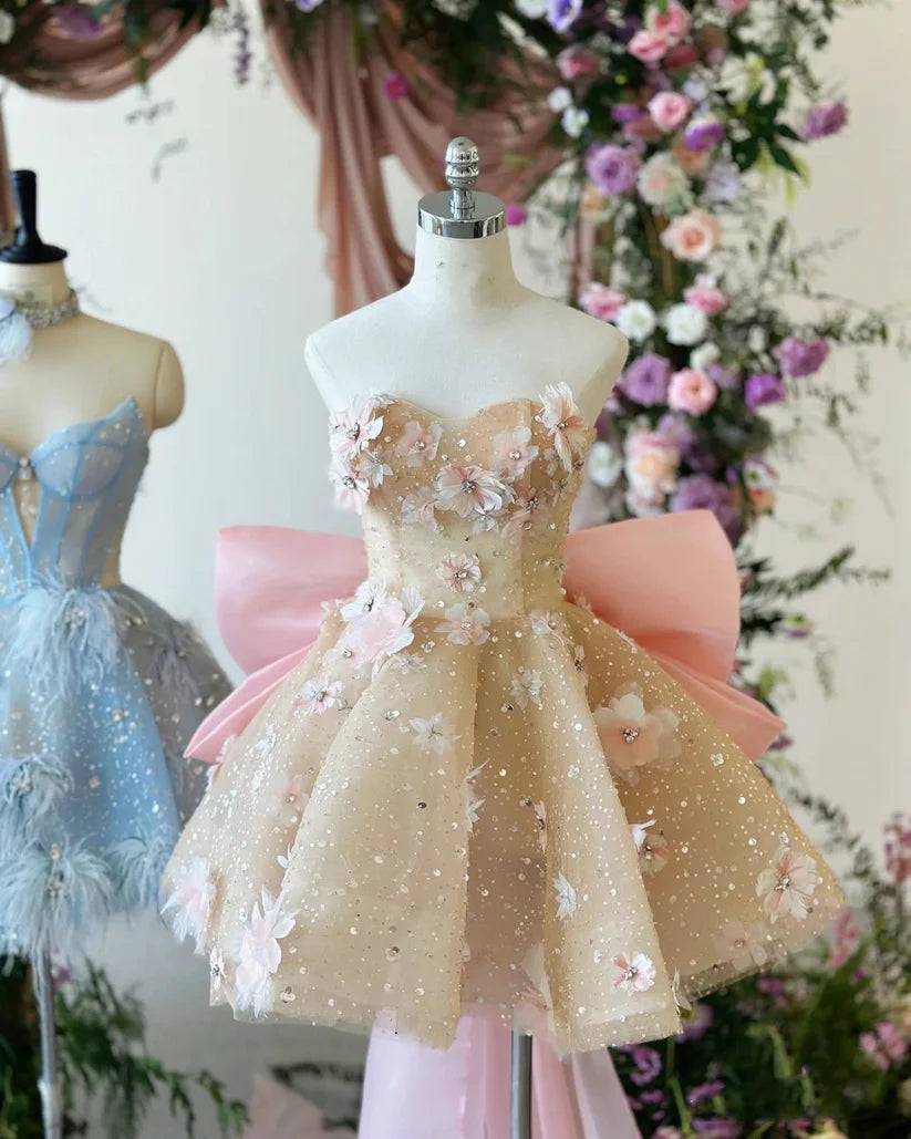 Pink Sweet Delicate Beaded Sparkling Sequins Short Mini Tulle Homecoming Gown Prom Gown Evening Gown Birthday Gown nv2797