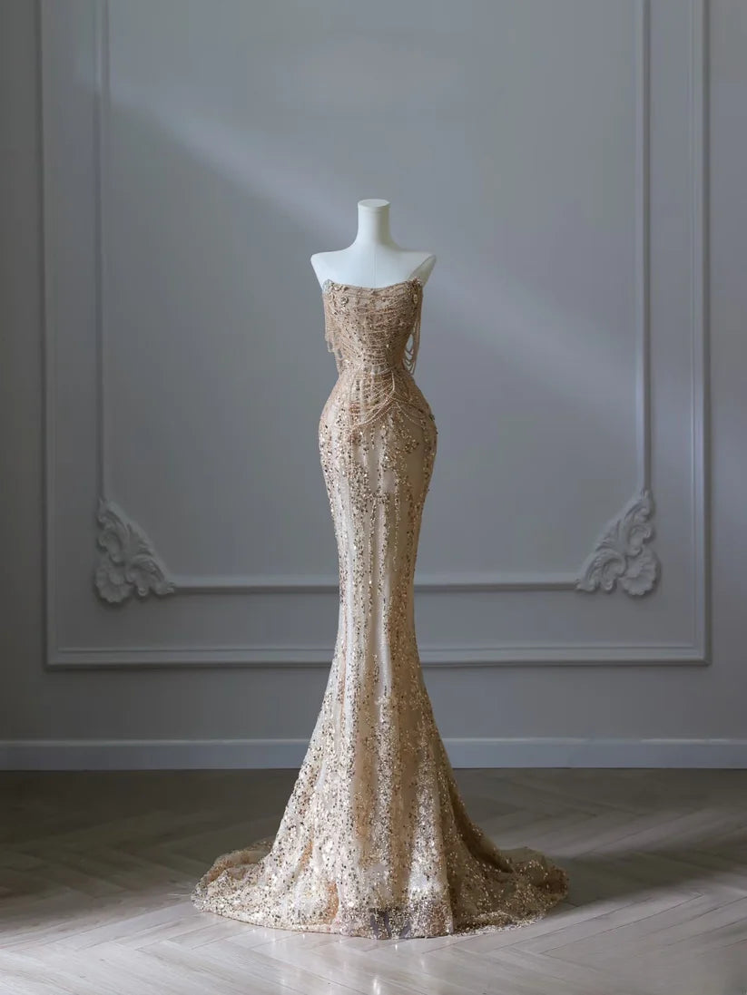 Golden gorgeous shiny exquisite beaded long tulle beautiful mermaid slim off shoulder sequin ball gown formal evening gown prom dress nv3854